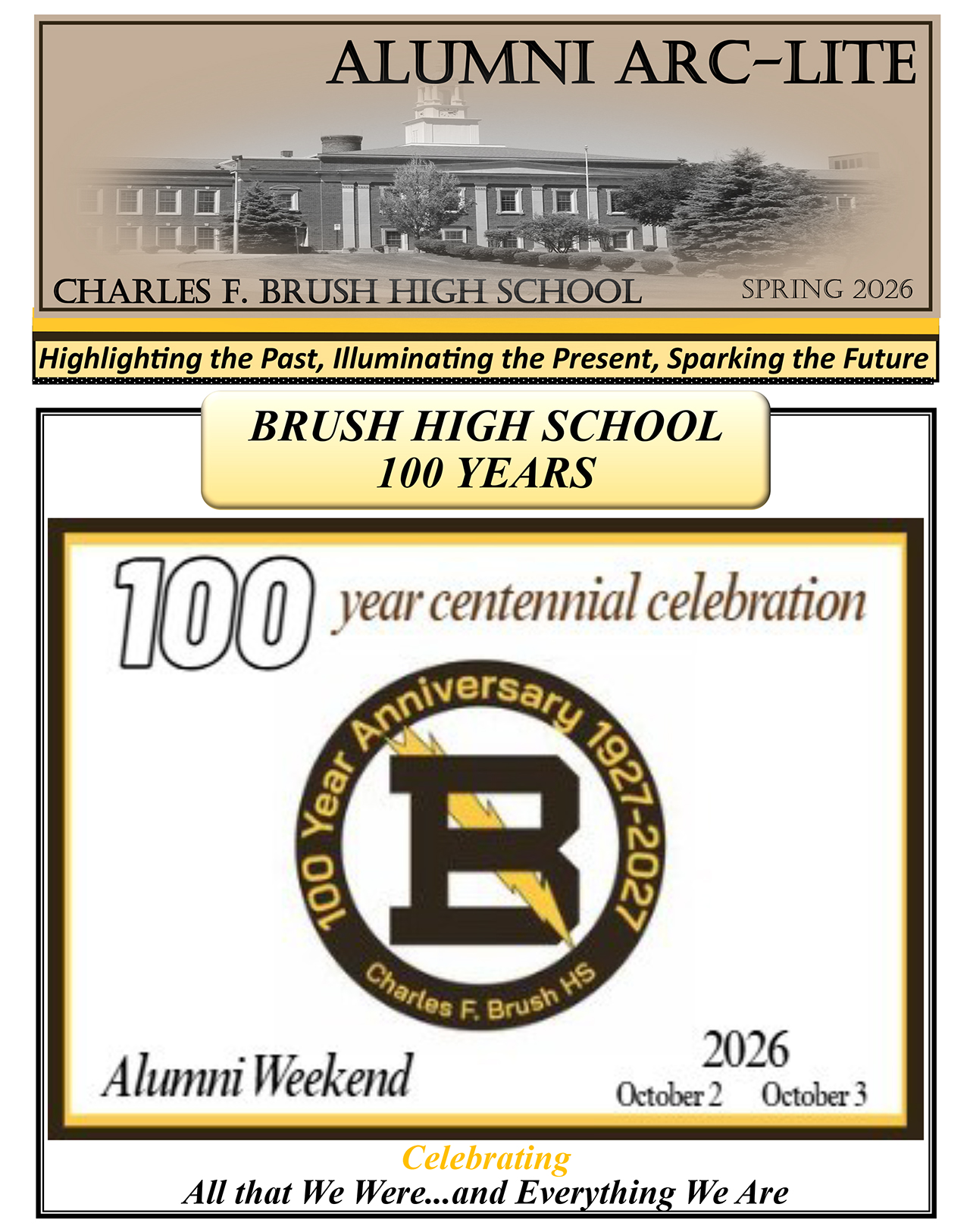Charles F. Brush High School 100 Year Centennial Celebration | 100 Year Anniversary 1927 - 2027 | Alumni Weekend | Celebrating All That We Were... and Everything We Are | October 2nd and 3rd 2026