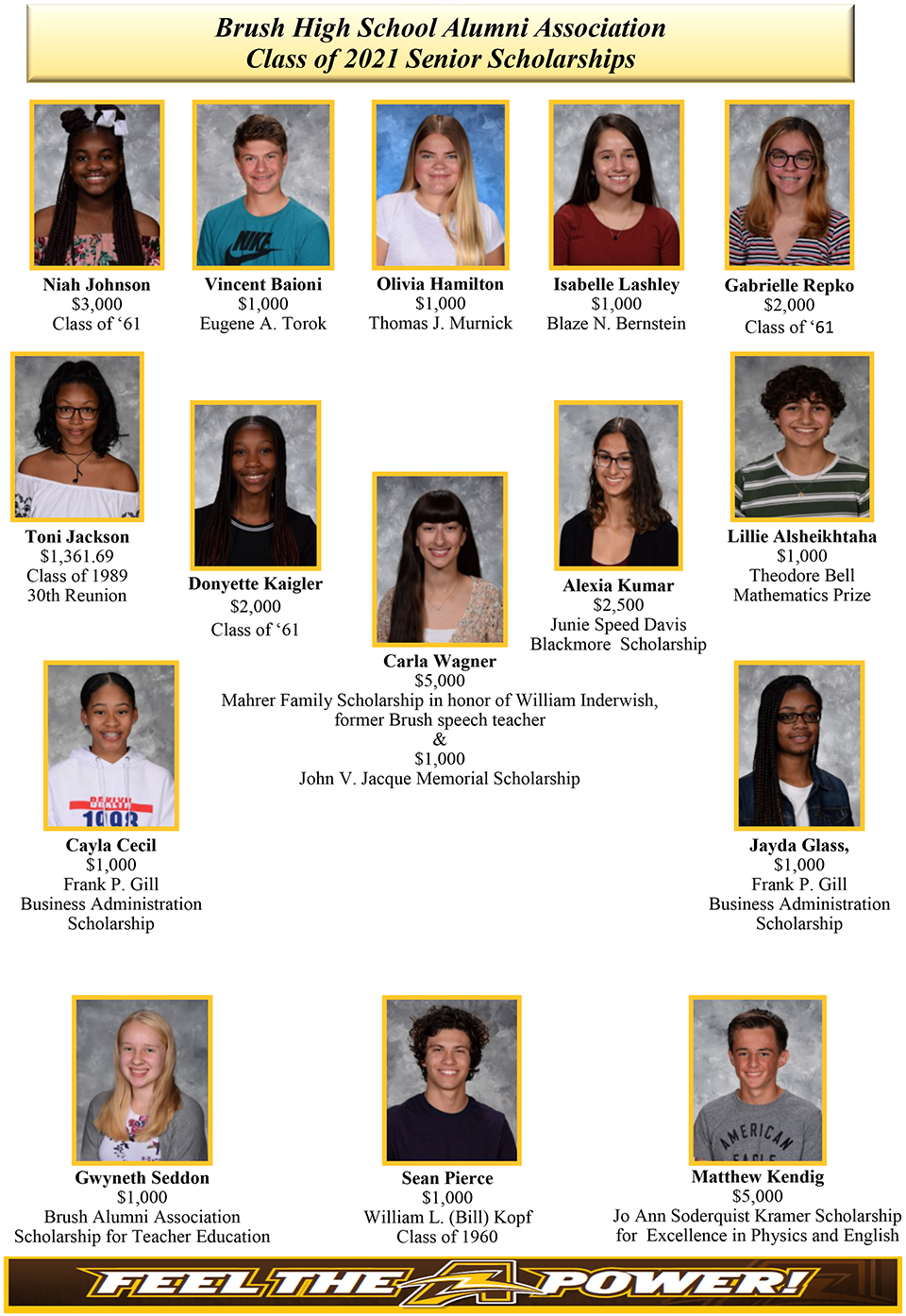 Photos of Brush High School Alumni Association Class of 2021 Senior Scholarship winners.
