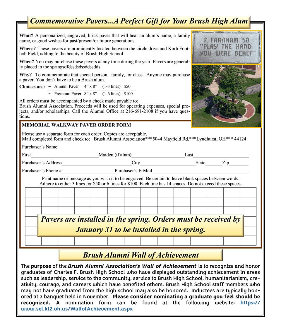 Commemorative Pavers - Memorial Walkway Paver Order Form - A Perfect Gift for Your Brush High Alum - Charles F. Brush Alumni Association