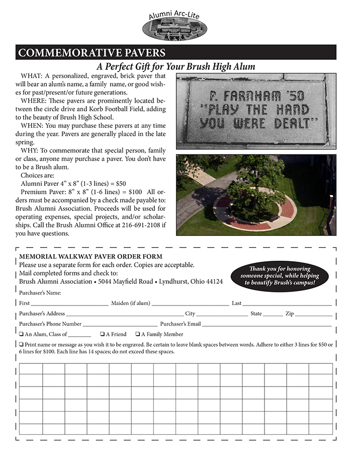 Commemorative Pavers - Memorial Walkway Paver Order Form - A Perfect Gift for Your Brush High Alum - Charles F. Brush Alumni Association